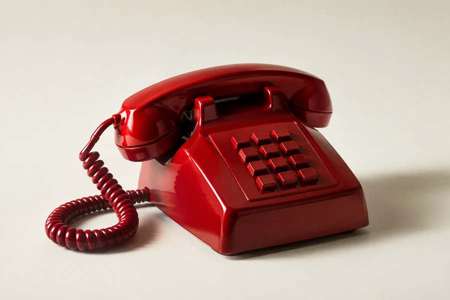 Telefone de mesa vermelho com fone e cabo espiral
